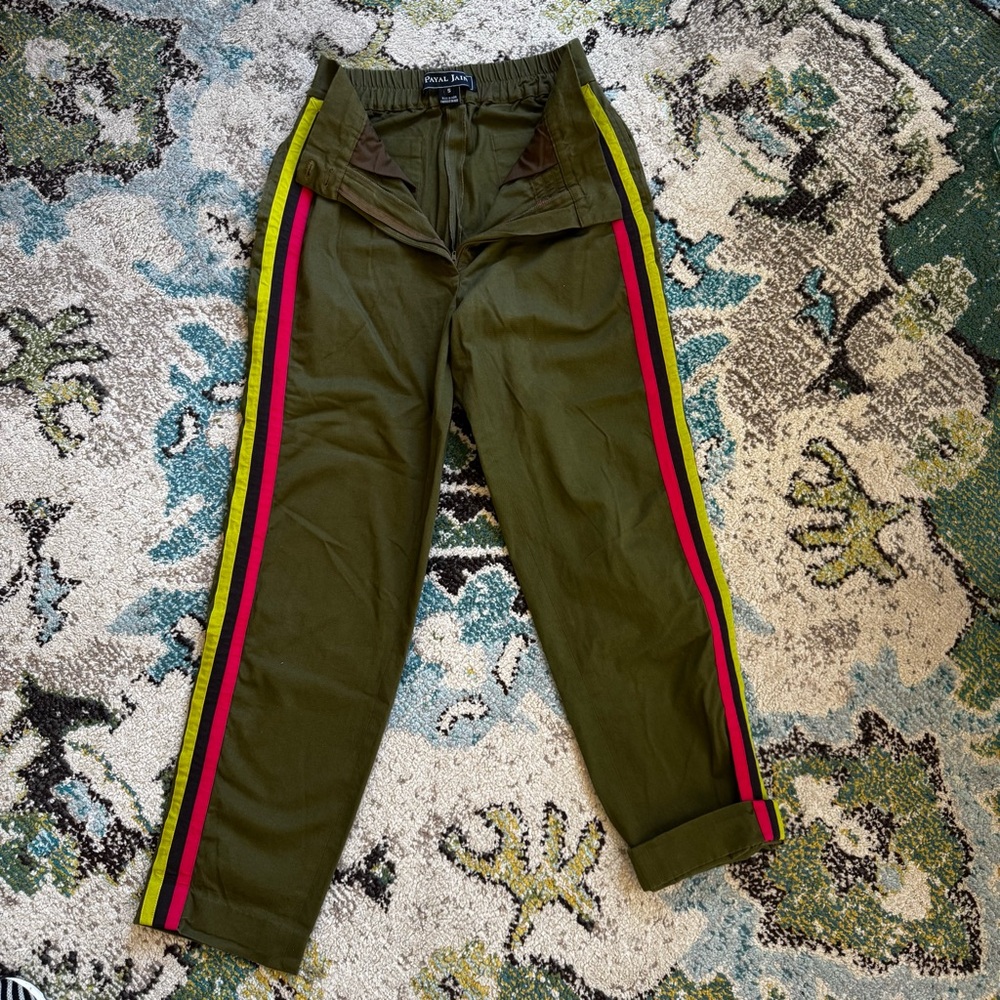 Olive Green trouser Track style Pants w/ magenta & chartreuse Side Stripes